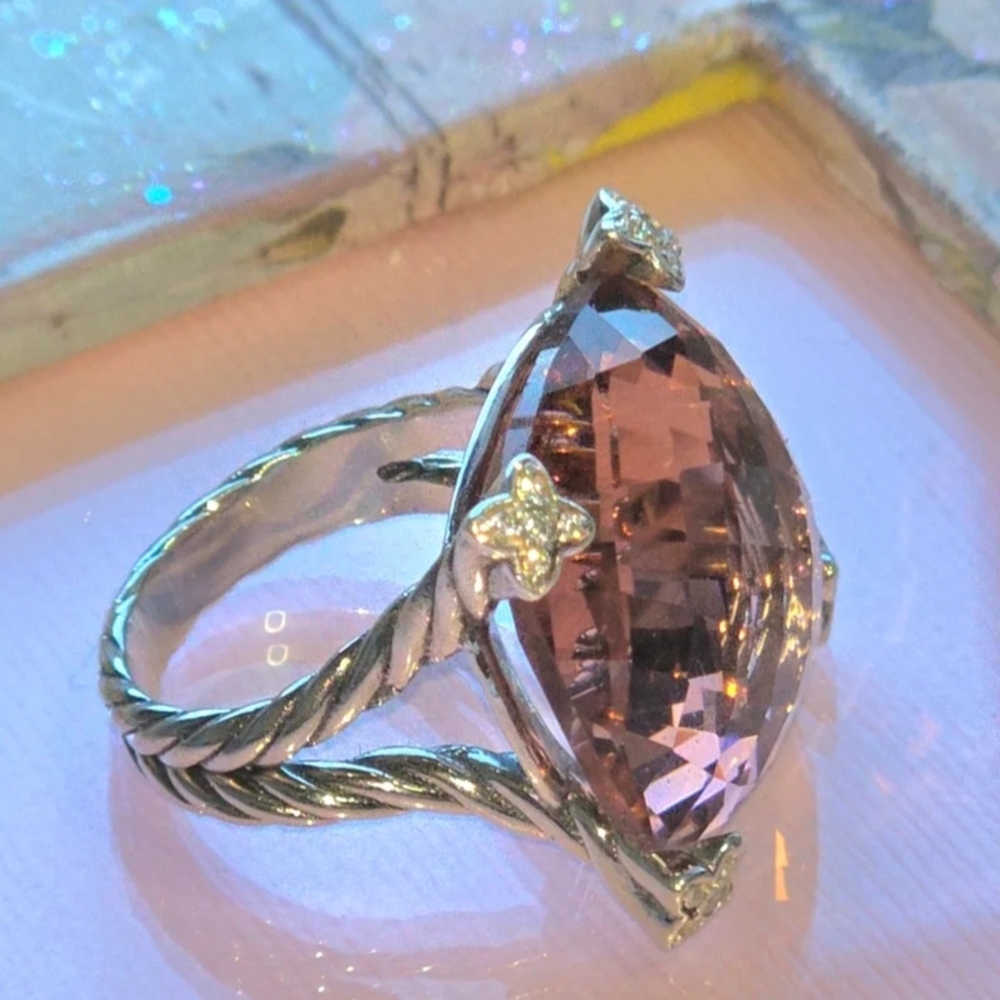 David Yurman Rose-Pink Cushion Cut Gemstone Ring with Pavé Prongs - Picture 3 of 6